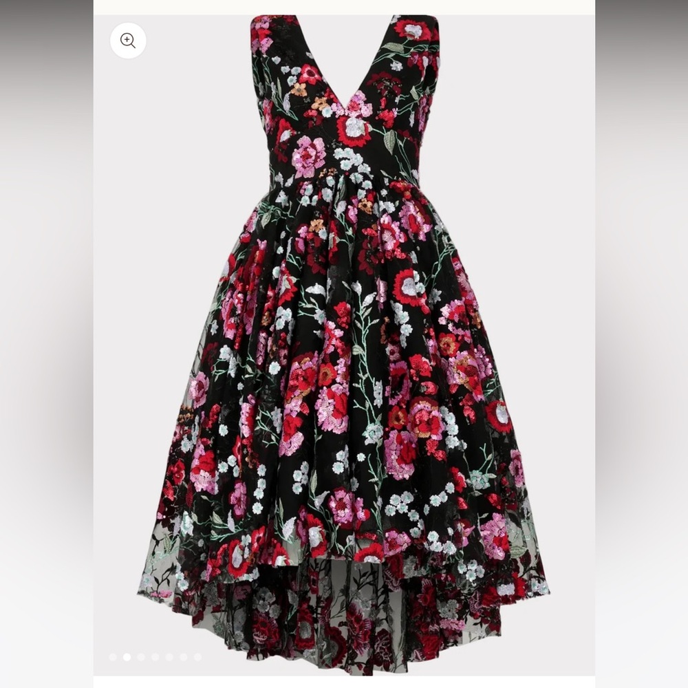 JessaKae Black Floral Ebony Rose V-Neck Tea Sequin Dress